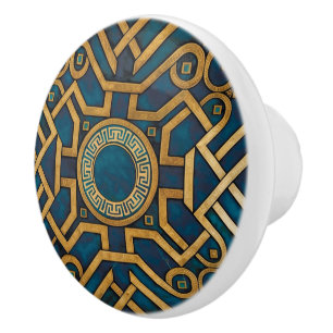 Bouton De Porte En Céramique Marbre de luxe Art Déco Bleu Or Clé Grecque