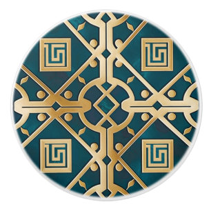 Bouton De Porte En Céramique Marbre de Luxe Art Déco Clé Grecque Vert de Mer Or