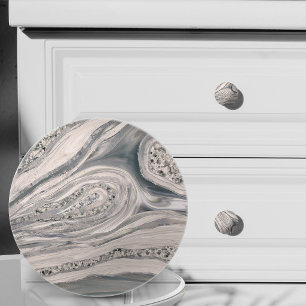 Bouton De Porte En Céramique Marbre liquide gris et cristal - perle et argent