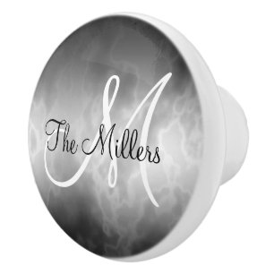 Bouton De Porte En Céramique Marbre noir et blanc avec le nom et l'initiale