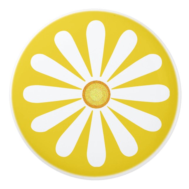 Bouton De Porte En Céramique Marguerite blanche avec jaune au centre sur jaune  (Devant)