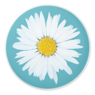 Bouton De Porte En Céramique Marguerite blanche simple sur le bleu