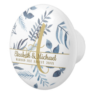Bouton De Porte En Céramique Mariage Monogramme Feuilles Botaniques Bleu Azur O