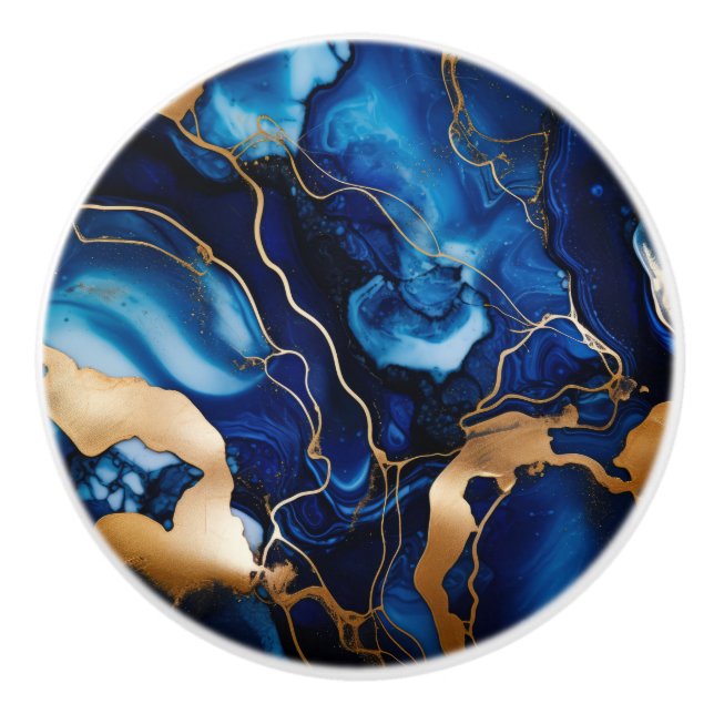 Bouton De Porte En Céramique Marine Blue Gold Marble Alcool Encre Abstraite (Devant)