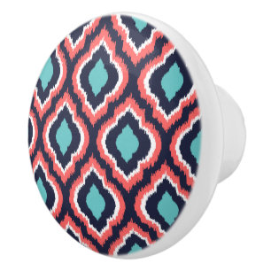 Bouton De Porte En Céramique Marine Turquoise et Coral Ikat Marocain