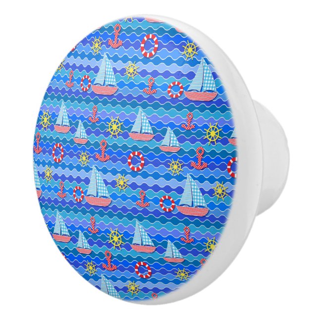 Bouton De Porte En Céramique Marine Vague Rouge Bleu Ancre Bateau Voilier Batea (Droite)