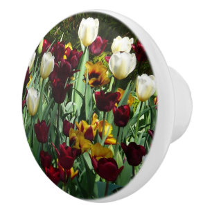 Bouton De Porte En Céramique Maroon et Tulipes Jaunes Florales colorées