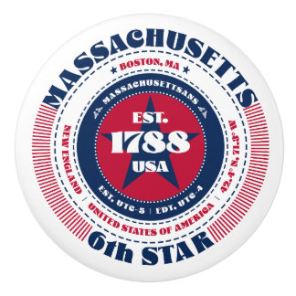 Bouton De Porte En Céramique Massachusetts États-Unis Rouge Blanc Bleu Typograp