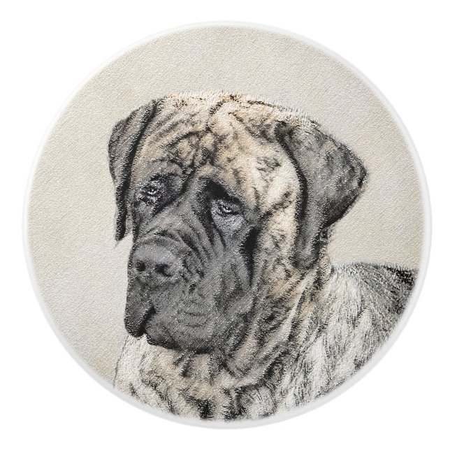 Bouton De Porte En Céramique Mastiff anglais (Brindle) Peinture - Chien Art (Devant)
