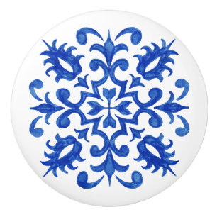 Bouton De Porte En Céramique Médaillon central rond en carreau bleu portugais