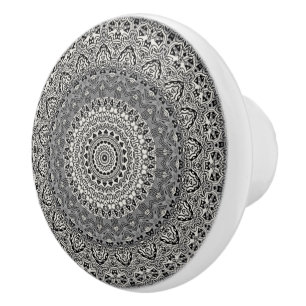 Bouton De Porte En Céramique Médaillon de kaléidoscope gris Mandala
