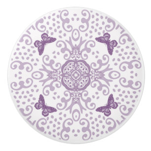 Bouton De Porte En Céramique Médaillon de papillon Vintage look pourpre n blanc