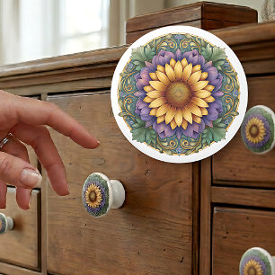 Bouton De Porte En Céramique Médaillon de tournesol Art Nouveau Lavande
