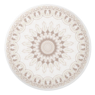 Bouton De Porte En Céramique Médaillon Mandala en beige doux et blanc