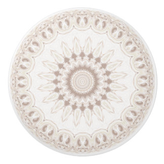 Bouton De Porte En Céramique Médaillon Mandala en beige doux et blanc