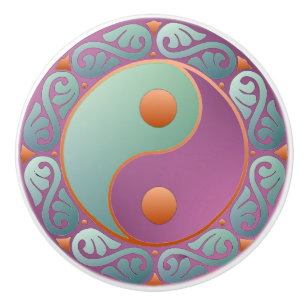 Bouton De Porte En Céramique médaillon yin yang violet turquoise