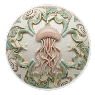 Bouton De Porte En Céramique Méduse Faux Relief Mer Océan Crème Or & Vert