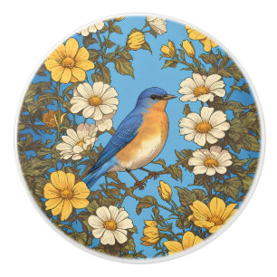 Bouton De Porte En Céramique Merlebleu de l'Est enjoué Fleurs jaunes et blanche
