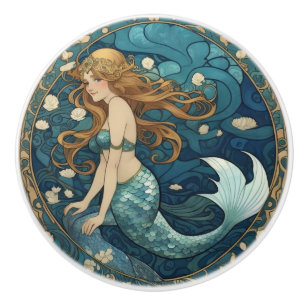 Bouton De Porte En Céramique Mermaid Art Nouveau Art Déco Style Bleu