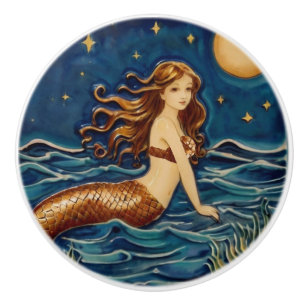 Bouton De Porte En Céramique Mermaid de nuit Mer Océan Fairytale Bleu foncé Mar