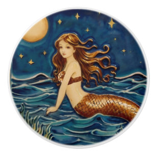 Bouton De Porte En Céramique Mermaid de nuit Mer Océan Fairytale Bleu foncé Mar