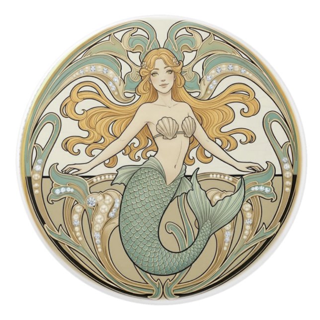 Bouton De Porte En Céramique Mermaid Green Cream & Gold Art Nouveau Ocean Sea (Devant)