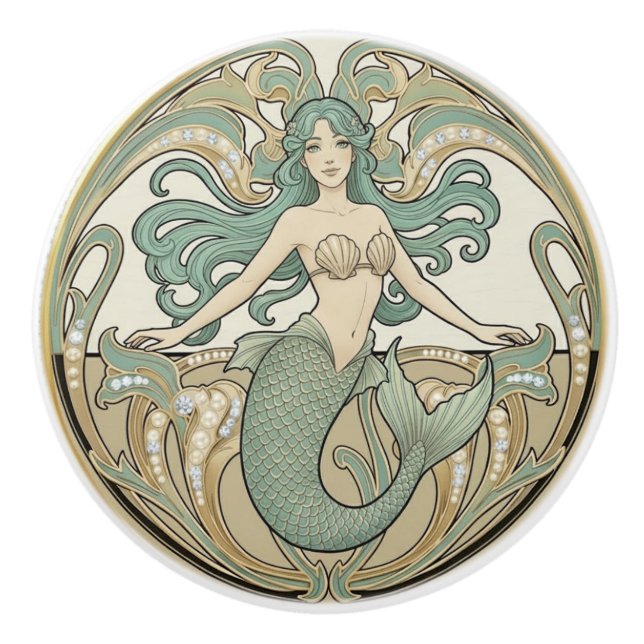 Bouton De Porte En Céramique Mermaid Green Cream & Gold Art Nouveau Ocean Sea (Devant)