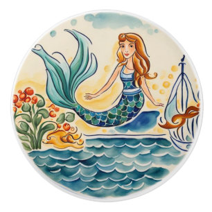 Bouton De Porte En Céramique Mermaid Méditerranée Folk Art