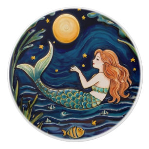 Bouton De Porte En Céramique Mermaid Starry Nuit Mer Océan Fairytale Marine Ble