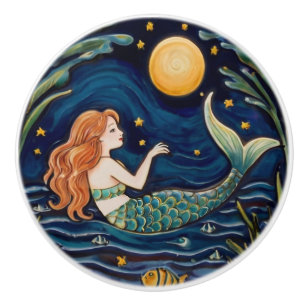 Bouton De Porte En Céramique Mermaid Starry Nuit Mer Océan Fairytale Marine Ble