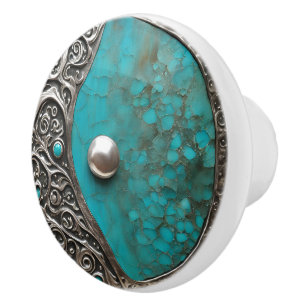 Bouton De Porte En Céramique Métal et pierre abstraits en vert-de-gris aqua