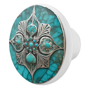 Bouton De Porte En Céramique Métal sculpté et moderne turquoise