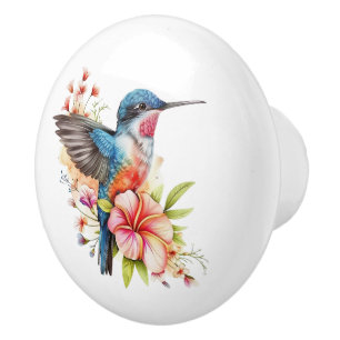 Bouton De Porte En Céramique Meuble élégant et coloré à l'aquarelle de colibri