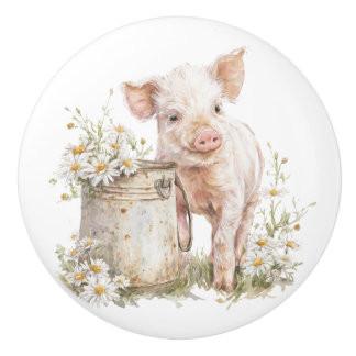 Bouton De Porte En Céramique Meuble Fleuriste de Ferme Porc aux Marguerites Tir
