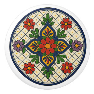Bouton De Porte En Céramique Mexicaine Talavera Fancy Floral Folk Art Grid Knob
