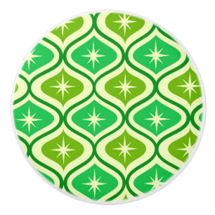 Bouton De Porte En Céramique Mi-Siècle Retro Starburs Sur Green Ogee Motif