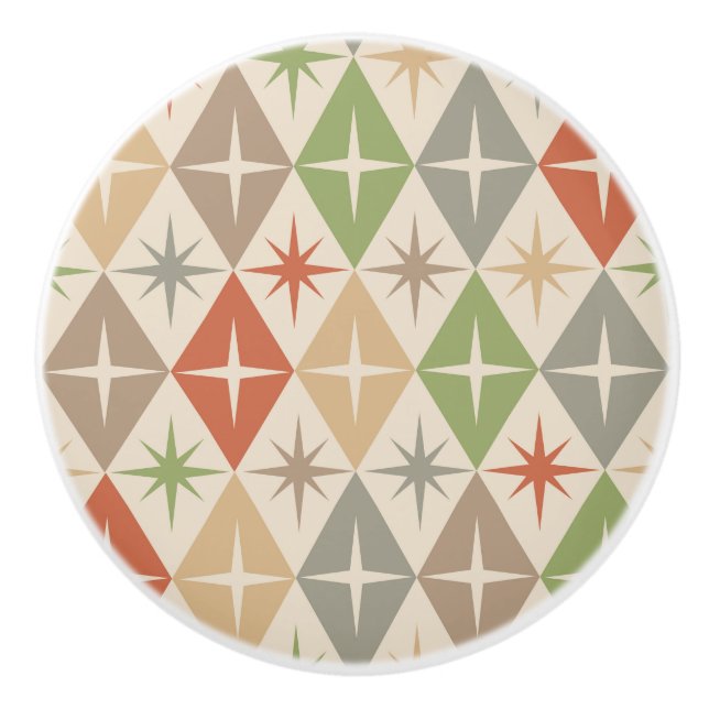 Bouton De Porte En Céramique Mid Century Starbursts on Earthy Retro Diamonds (Devant)