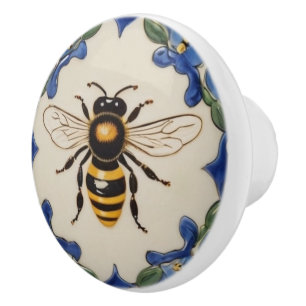 Bouton De Porte En Céramique Miel Bee Bleu et Jaune Orné décoratif