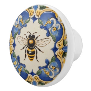 Bouton De Porte En Céramique Miel Bee Bleu et Jaune Orné décoratif