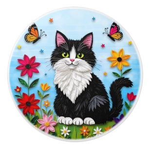 Bouton De Porte En Céramique Mignon chat et fleurs d'art populaire noir et blan
