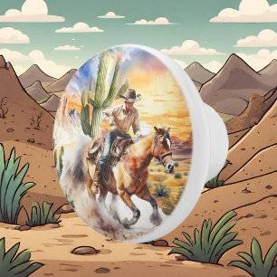 Bouton De Porte En Céramique mignon désert cactus cheval équitation cowboy