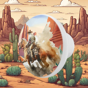 Bouton De Porte En Céramique mignon désert cactus cheval équitation cowboy