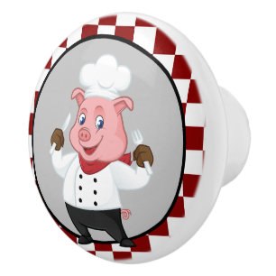 Bouton De Porte En Céramique mignon rouge blanc à damiers chef porc