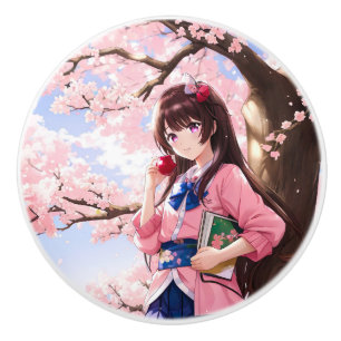 Bouton De Porte En Céramique Mignonne Anime Girl Sous Un Arbre En Fleur De Ceri