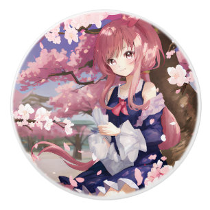 Bouton De Porte En Céramique Mignonne Anime Girl Sous Un Arbre En Fleur De Ceri
