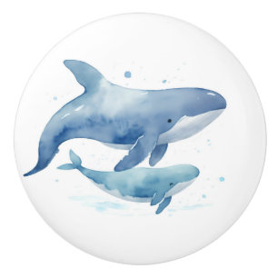 Bouton De Porte En Céramique Mignonne maman et bébé baleine Aquarelle Océan Mer