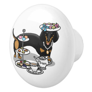 Bouton De Porte En Céramique Mignonne Tea Party Dachshund Dog (noir & bronzage)