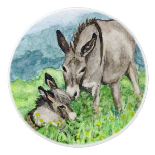 Bouton De Porte En Céramique Miniature Donkey Maman et bébé Aquarelle Art