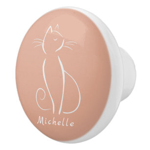 Bouton De Porte En Céramique Minimaliste Chat Blanc Sur Rose Ajouter Nom Cerami