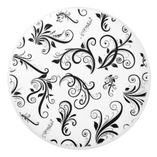 Bouton De Porte En Céramique Modèle Damask, Damask français, noir et blanc